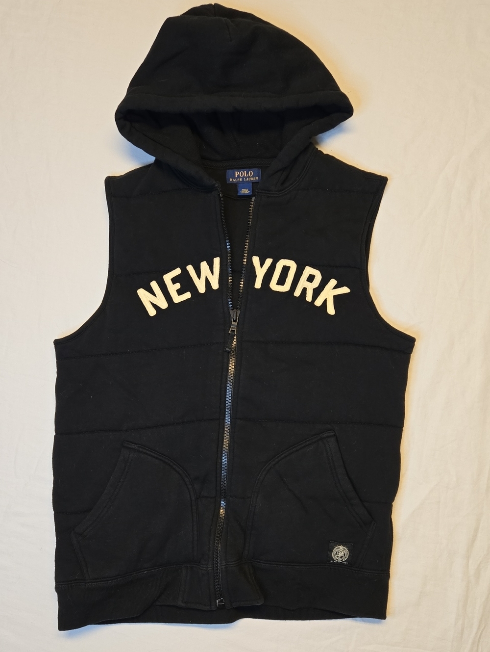 Polo Ralph Lauren Black Hooded Puffer Sweater Vest with 'New York' Lettering